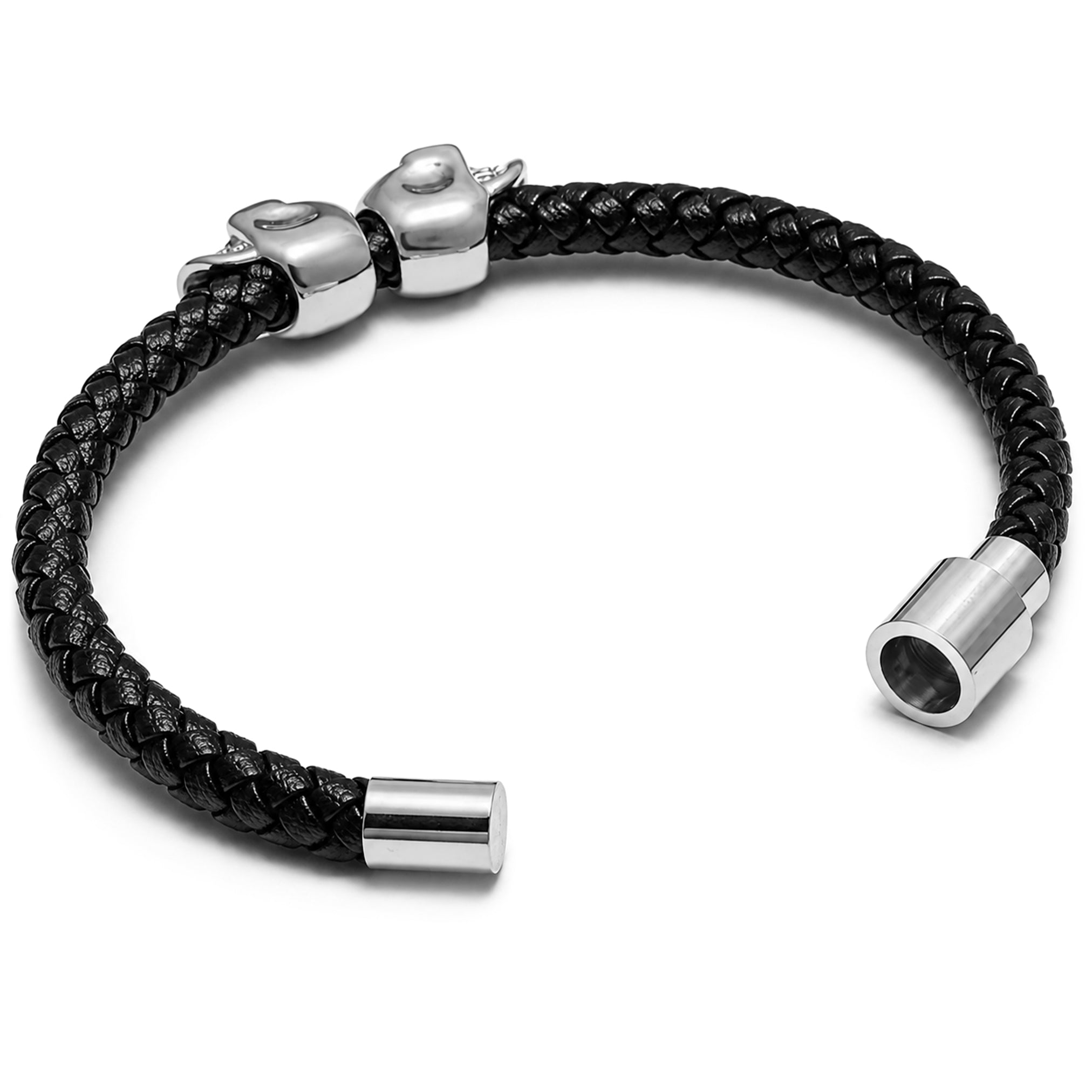 Flätat svart dödskalle-armband för herr, tillverkat i genuint läder och rostfritt stål
