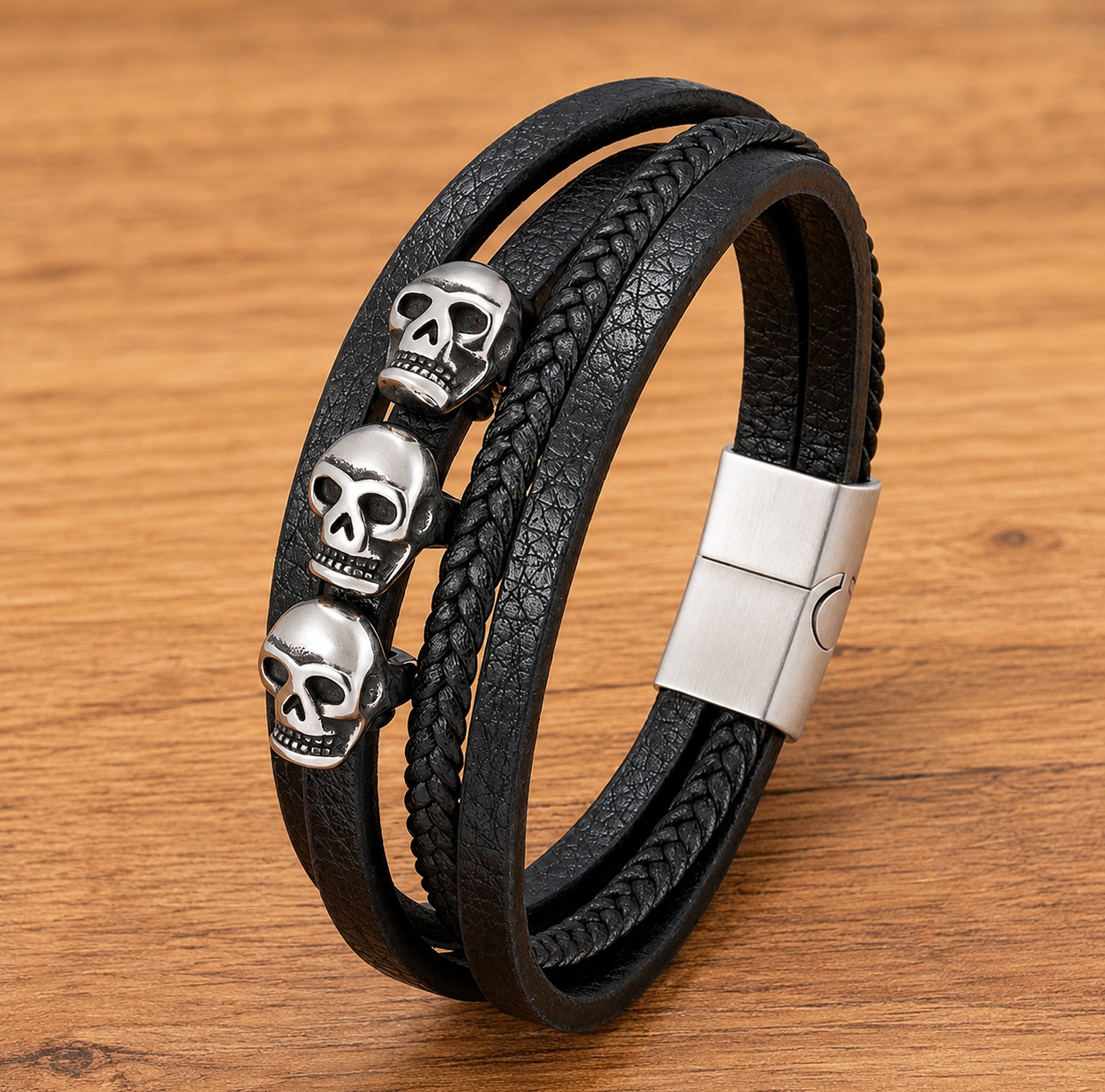 Flerskiktat svart läderarmband med tre silverfärgade dödskallar och rebellisk smyckesdesign