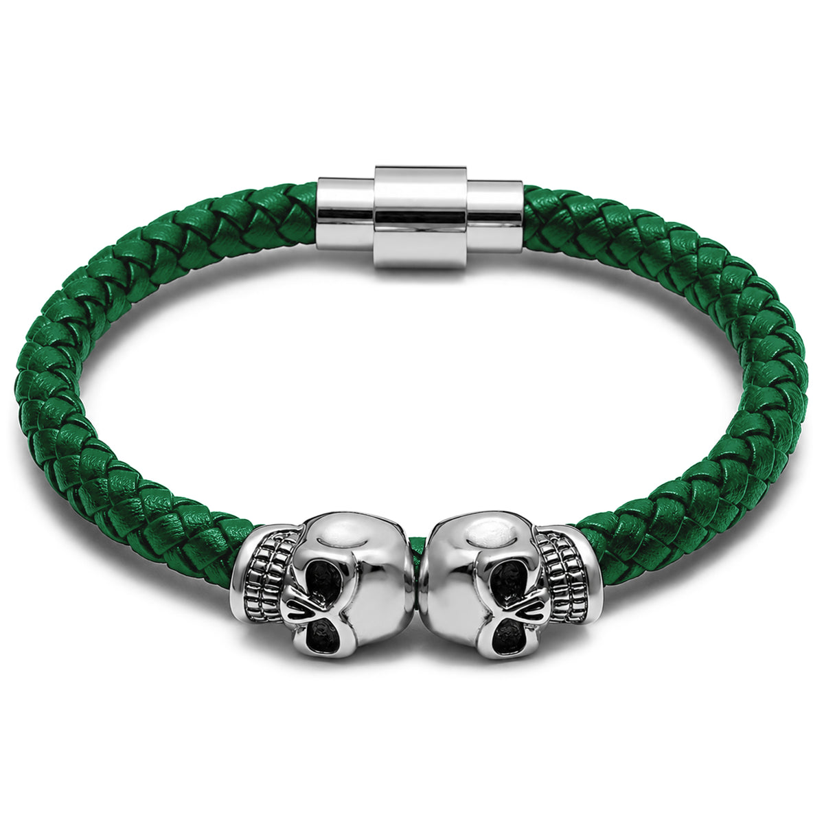 Mörkgrönt läderarmband med två dödskallar – stilfullt armband med dödskallemotiv för herr