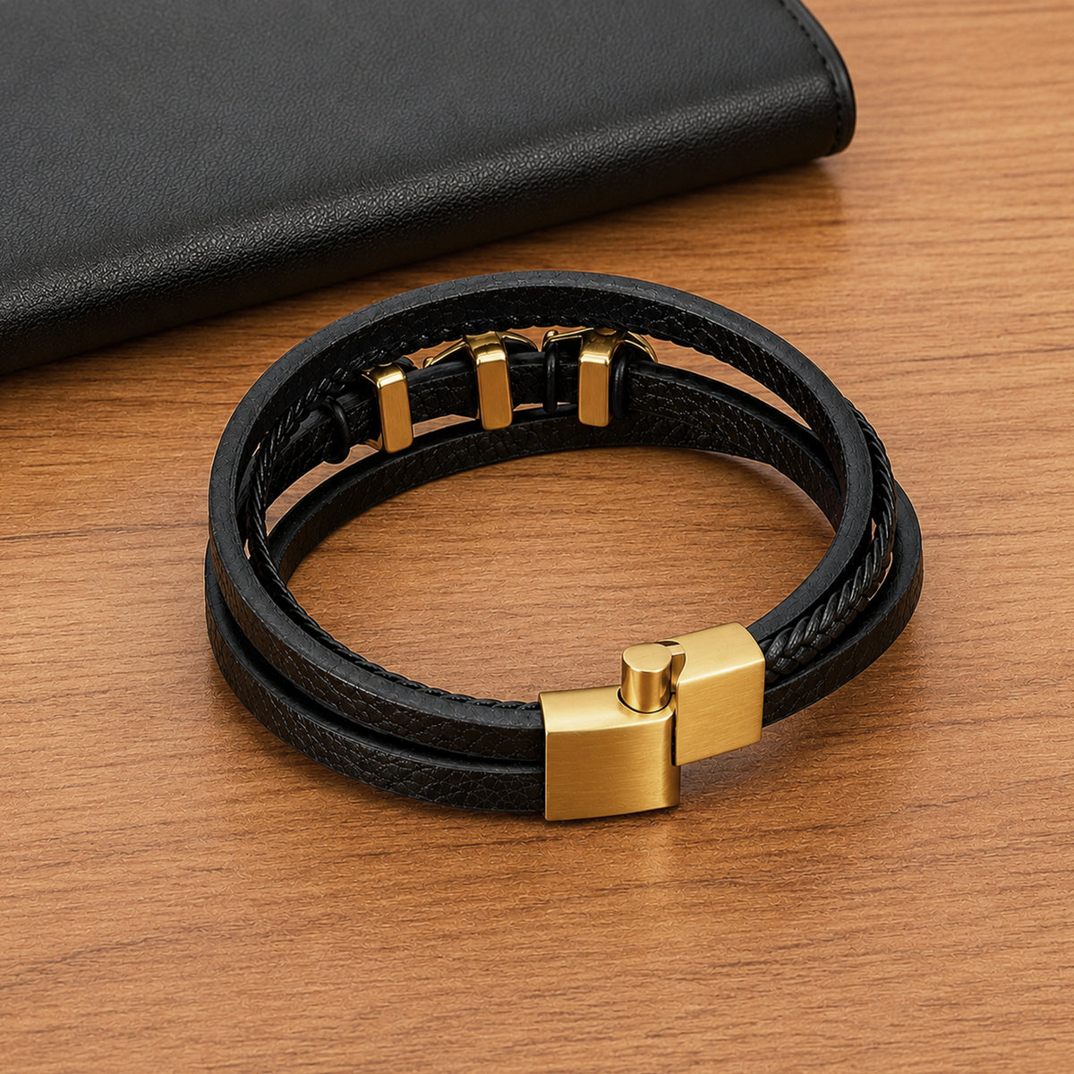 Guldtonat dödskalle-armband med fyra svarta läderremmar av äkta koläder