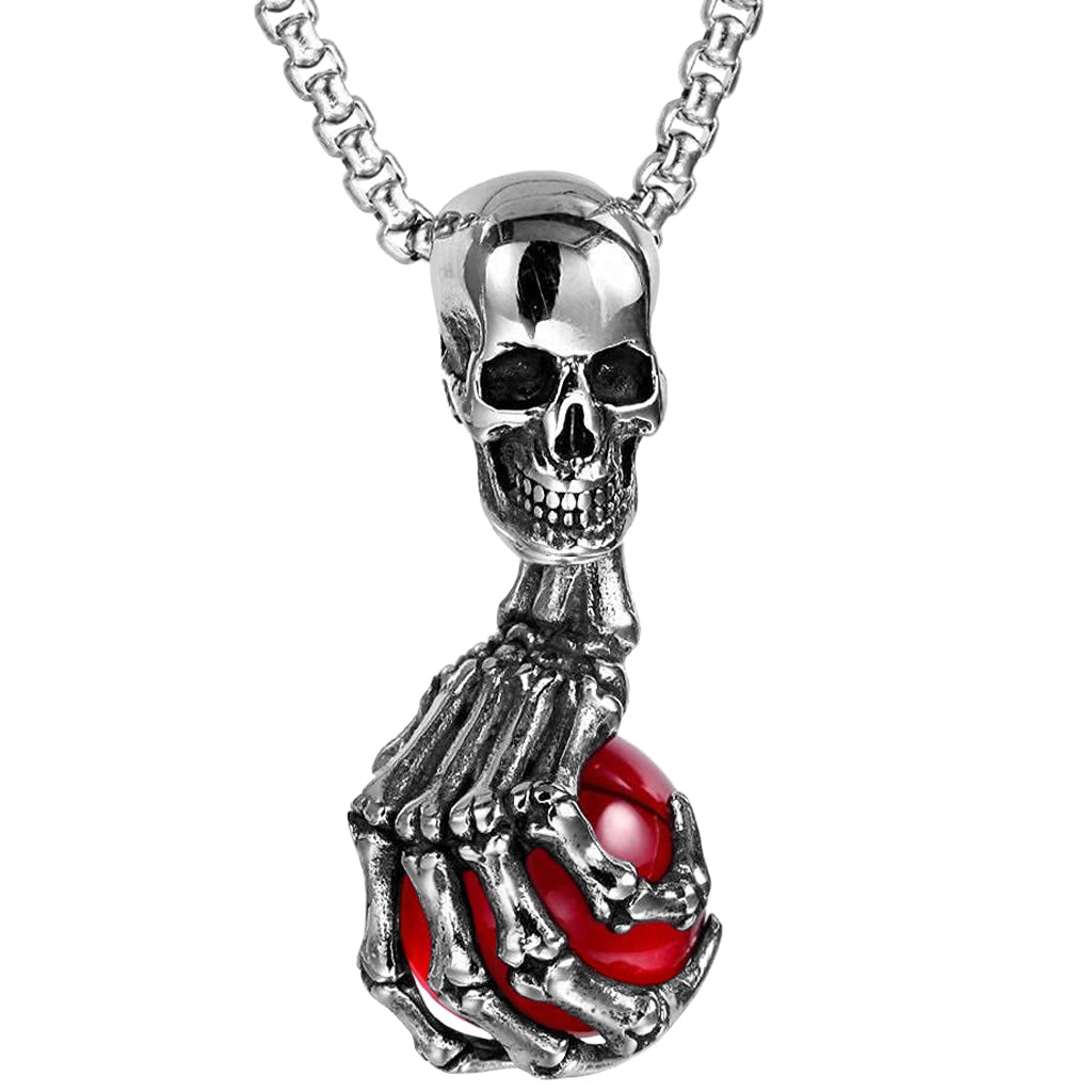 Halsband med silverfärgad dödskalle-skeletthand hållande i ett rött klot