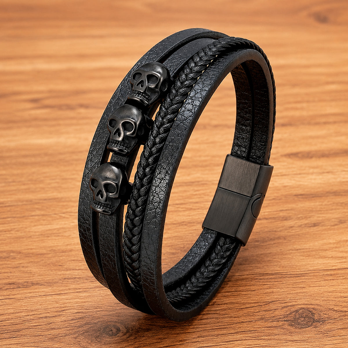Svartfärgat armband av äkta läder med flerremsdesign och tre dödskallar