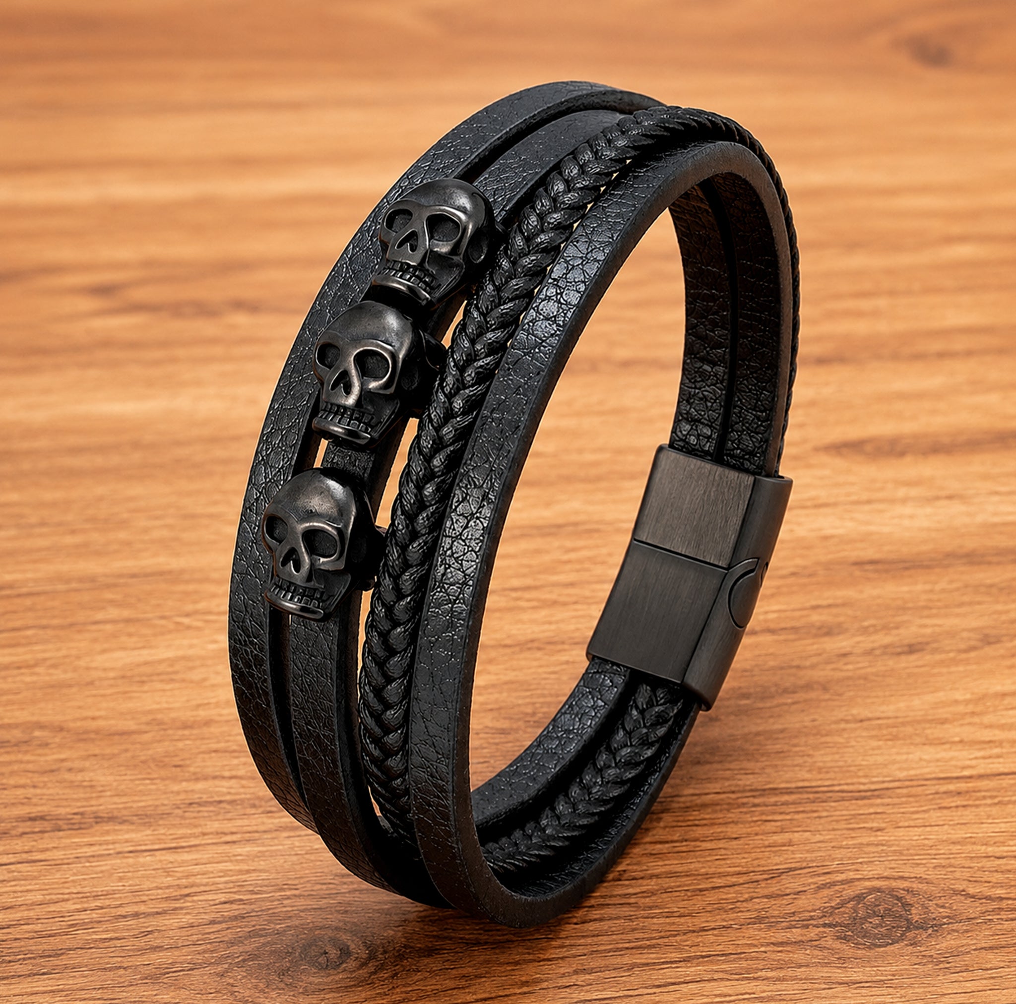 Svartfärgat armband av äkta läder med flerremsdesign och tre dödskallar