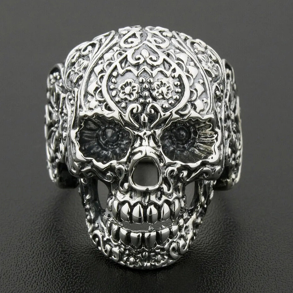 Mexikansk calavera dödskalle ring av äkta sterling silver