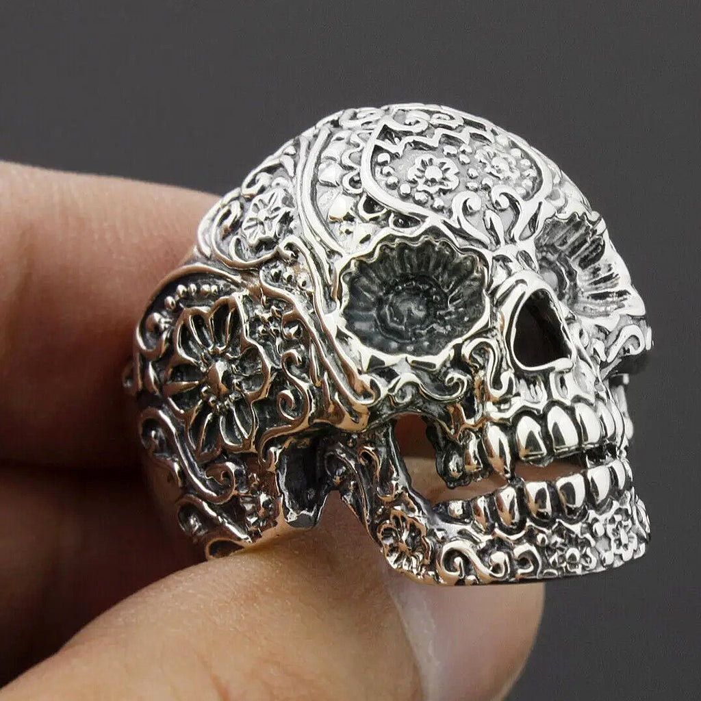 Mexikansk calavera dödskalle ring av äkta sterling silver