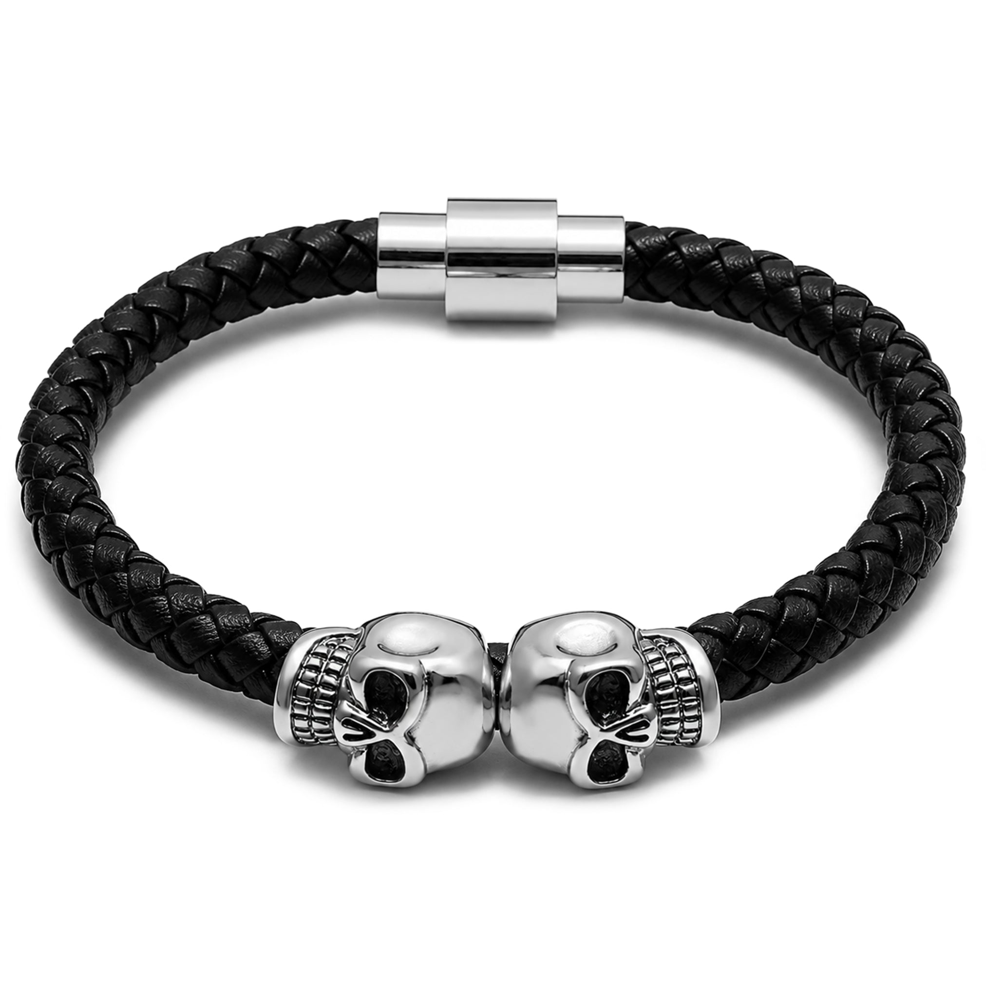 Svart läderarmband med två dödskallar – stilfullt armband med dödskallemotiv för herr