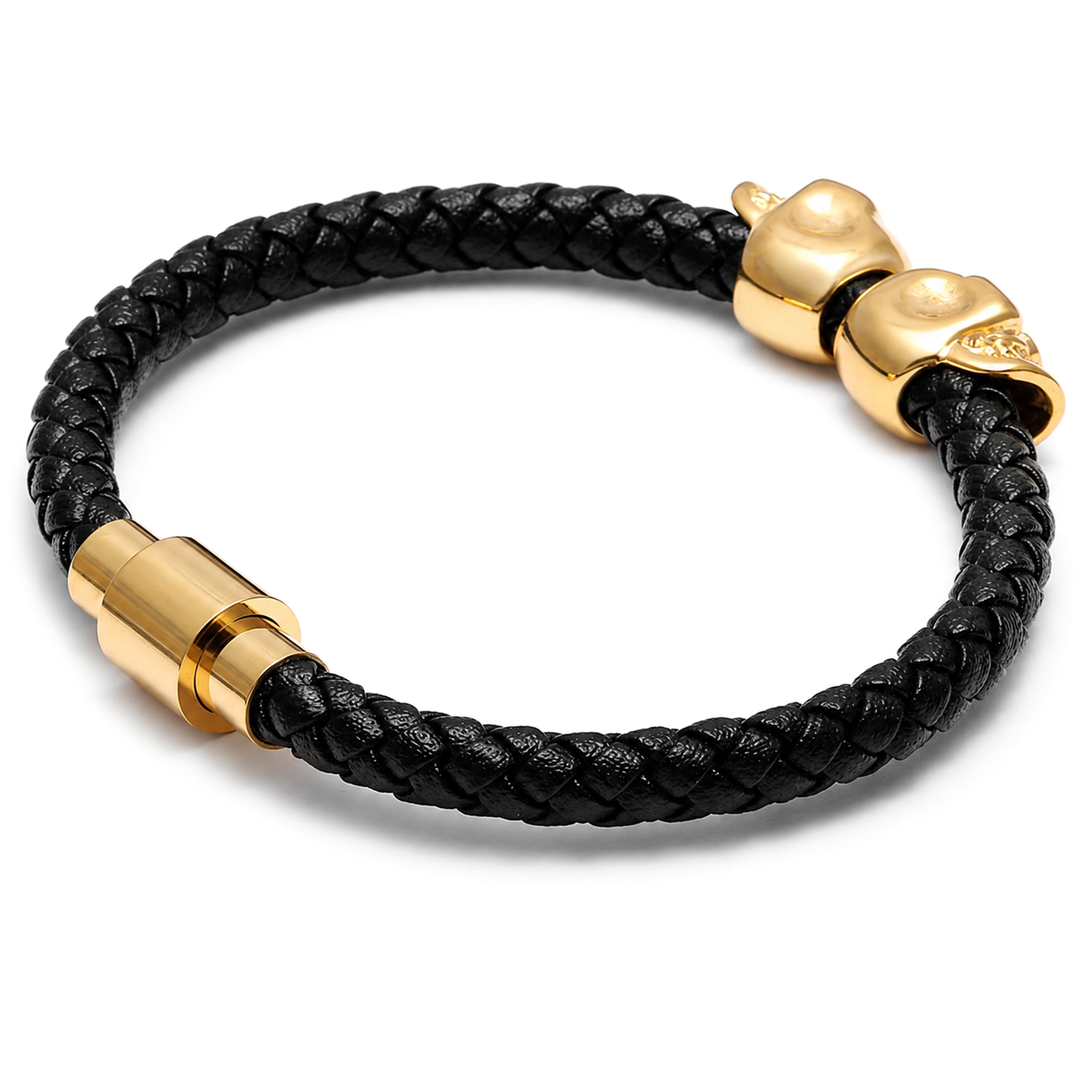 Svart läderarmband med guldfärgade dödskallar