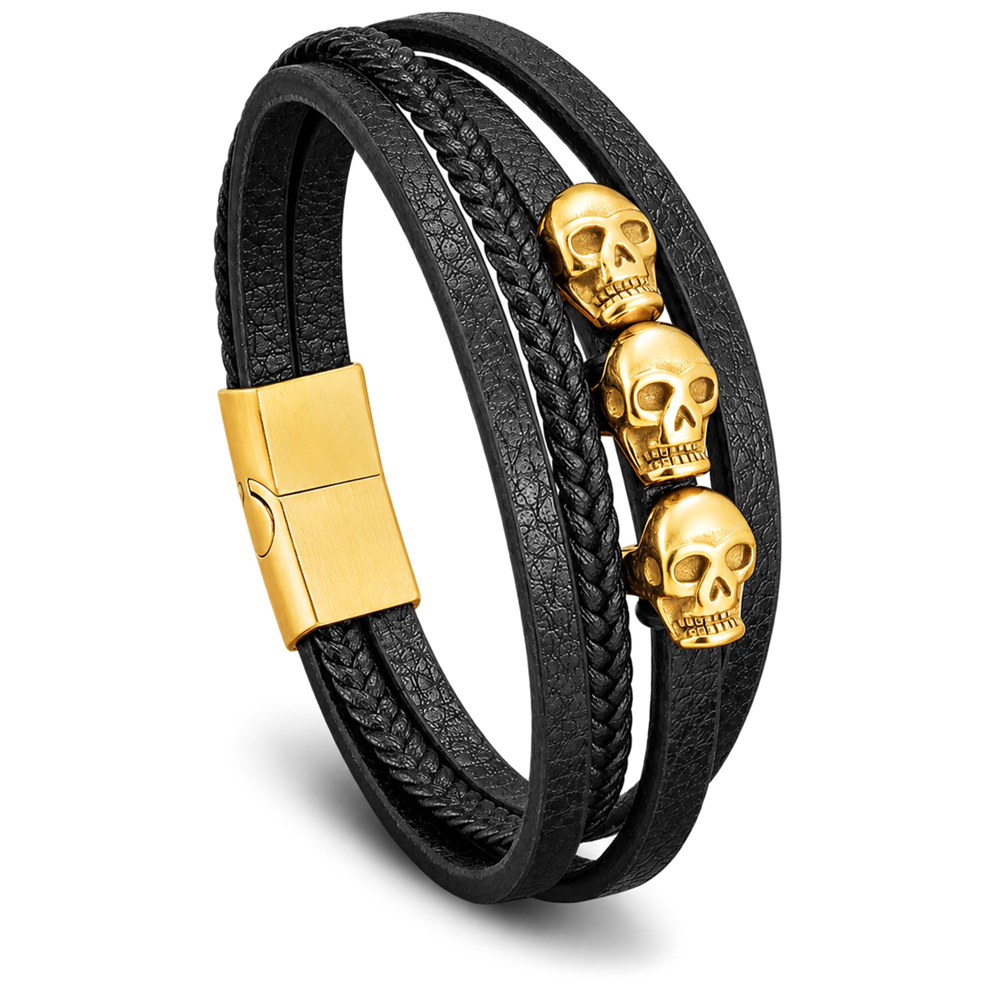 Svart läderarmband med tre dödskallar i guld – flerremsdesign med släta och flätade remmar