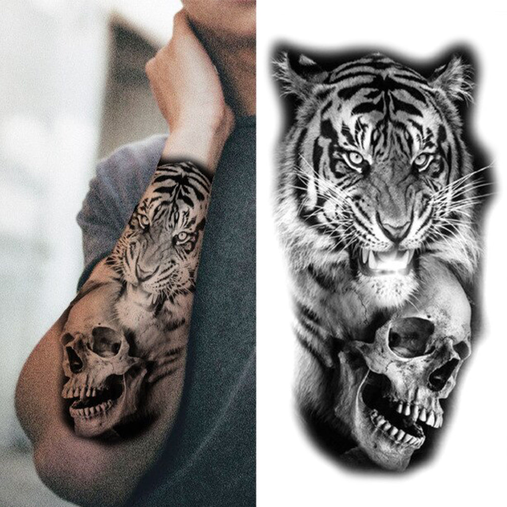 Tillfällig Tatuering Dödskalle Med Tiger